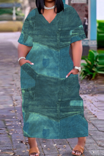 Turquoise Casual Print Basic V Neck Long Plus Size Dresses