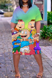 Purple Green Casual Cartoon Print Basic V Neck Short Sleeve Plus Size Dresses