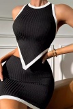 Black Casual Patchwork Irregular Contrast O Neck Sleeveless Two Pieces