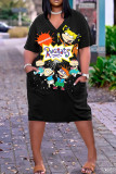 Purple Green Casual Cartoon Print Basic V Neck Short Sleeve Plus Size Dresses