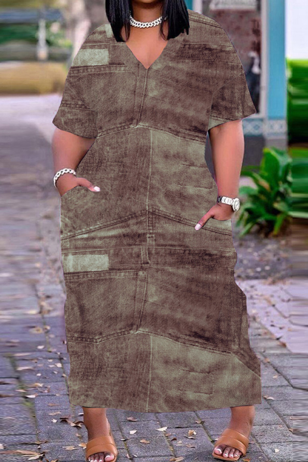 Brown Casual Print Basic V Neck Long Plus Size Dresses