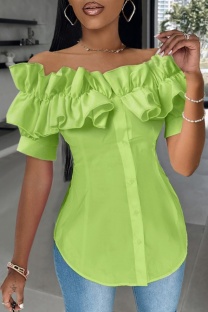 Green Casual Solid Color Patchwork Off Shoulder Tops