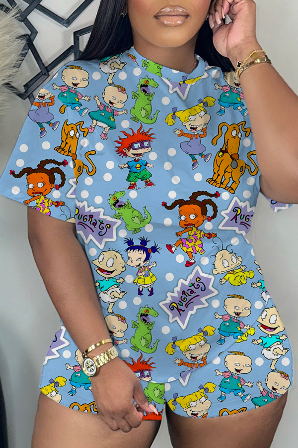 Blue Purple Casual Cartoon Print Basic O Neck Short Sleeve Two Pieces