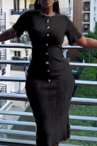 Black Casual Solid Color Buttons Patchwork O Neck Wrapped Skirt Dresses