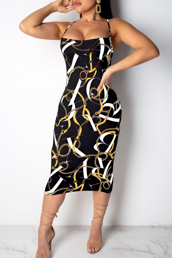 Black Sexy Print Patchwork Backless Spaghetti Strap Long Dresses