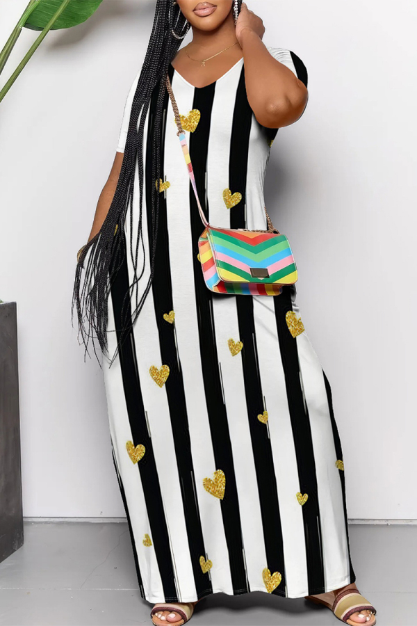 Black And White Casual Gradient Print Striped Print Love Print Contrast V Neck Printed Dresses