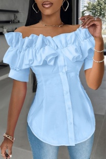 Sky Blue Casual Solid Color Patchwork Off Shoulder Tops