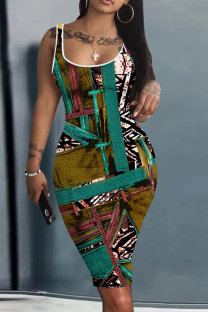 Army Green Casual Print Basic U Neck Vest Dresses