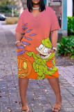Purple Green Casual Cartoon Print Basic V Neck Short Sleeve Plus Size Dresses