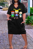 Purple Green Casual Cartoon Print Basic V Neck Short Sleeve Plus Size Dresses