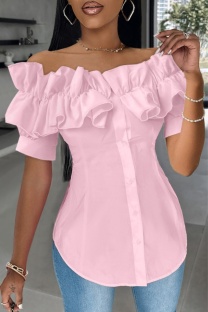 Pink Casual Solid Color Patchwork Off Shoulder Tops