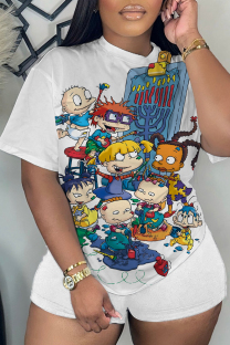 White Casual Cartoon Print Basic O Neck Short Sleeve Two Pieces
