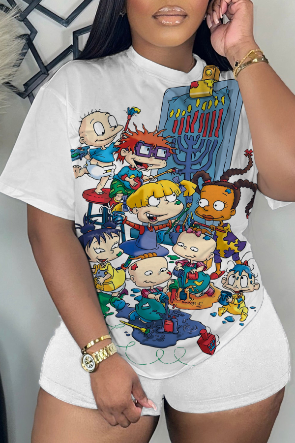 White Casual Cartoon Print Basic O Neck Short Sleeve Two Pieces