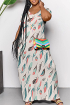 Light Khaki Casual Print Pocket Patchwork V Neck Long Dresses