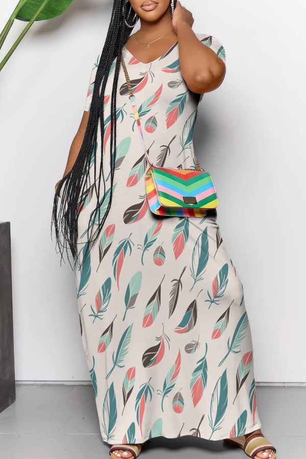 Light Khaki Casual Print Pocket Patchwork V Neck Long Dresses