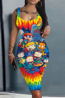 Tangerine Red Casual Cartoon Print Basic U Neck Vest Dresses