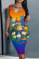 Orange Blue Casual Cartoon Print Basic U Neck Vest Dresses
