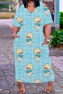 Light Blue Casual Cartoon Print Basic V Neck Long Plus Size Dresses