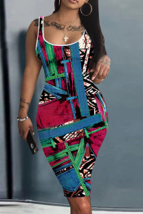 Rose Red Casual Print Basic U Neck Vest Dresses