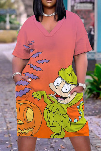 Pink Orange Casual Cartoon Print Basic V Neck Short Sleeve Plus Size Dresses