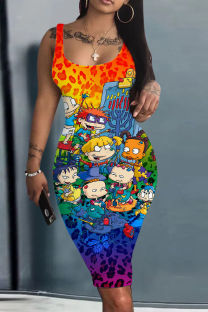 Orange Green Casual Cartoon Print Basic U Neck Vest Dresses
