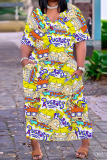 Blue Casual Cartoon Print Basic V Neck Long Plus Size Dresses