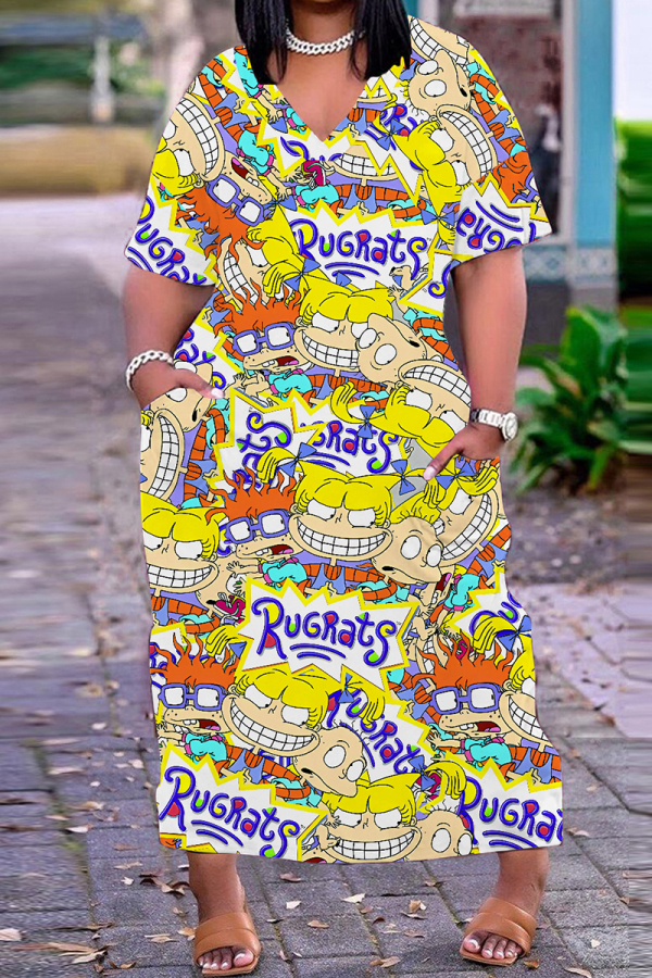 Yellow Casual Cartoon Print Basic V Neck Long Plus Size Dresses