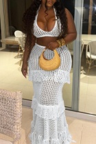 White Sexy Vacation Solid Color Fringed Trim Hollow Out See-Through Backless Halter Sleeveless Two Pieces