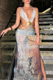 Light Blue Celebrities Print Hollow Out Patchwork Backless Slit Halter Long Dresses