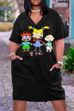 Purple Green Casual Cartoon Print Basic V Neck Short Sleeve Plus Size Dresses