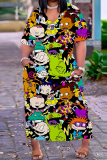 Blue Casual Cartoon Print Basic V Neck Long Plus Size Dresses