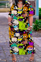Black Casual Cartoon Print Basic V Neck Long Plus Size Dresses
