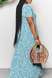 Blue Casual Print Pocket Patchwork V Neck Long Dresses