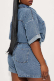 Deep Blue Sexy Solid Color Pocket Buckle Patchwork Zipper Turndown Collar Half Sleeve High Waist Loose Denim Jumpsuits