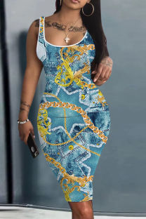 Blue Yellow Casual Print Basic U Neck Vest Dresses