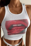 White Sexy Print Patchwork O Neck Tops