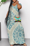 Blue Casual Print Pocket Patchwork V Neck Long Dresses