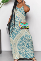 Baby Blue Casual Print Pocket Patchwork V Neck Long Dresses