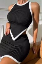 Black Casual Patchwork Irregular Contrast O Neck Sleeveless Two Pieces