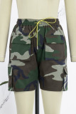 Camouflage Casual Camouflage Print Pocket Patchwork High Waist Regular Denim Shorts