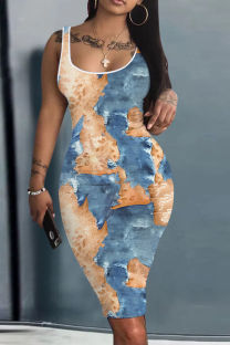 Blue Orange Casual Print Basic U Neck Vest Dresses