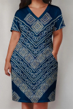 Orange Blue Casual Street Geometric Print Pocket Contrast V Neck Printed Plus Size Dresses