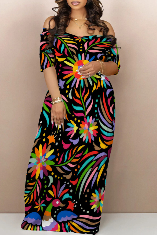 Black Casual Butterfly Flowers Print Contrast Off Shoulder Printed Dresses