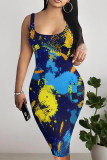 Black Sexy Street Splashed ink printing Contrast U Neck Printed Dresses