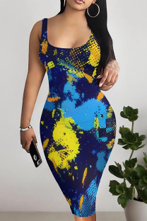 Blue Sexy Street Splashed ink printing Contrast U Neck Printed Dresses