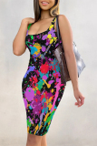 Black Sexy Street Splashed ink printing Contrast U Neck Printed Dresses
