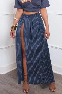 Blue Casual Striped Print Slit Regular High Waist Full Print Skirts