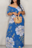 Dark Blue Casual Butterfly Flowers Print Contrast Off Shoulder Printed Dresses
