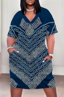 Tibetan Blue Casual Street Geometric Print Pocket Contrast V Neck Printed Plus Size Dresses
