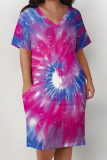 Red Blue Casual Street Tie Dye Print Pocket Contrast V Neck Printed Plus Size Dresses